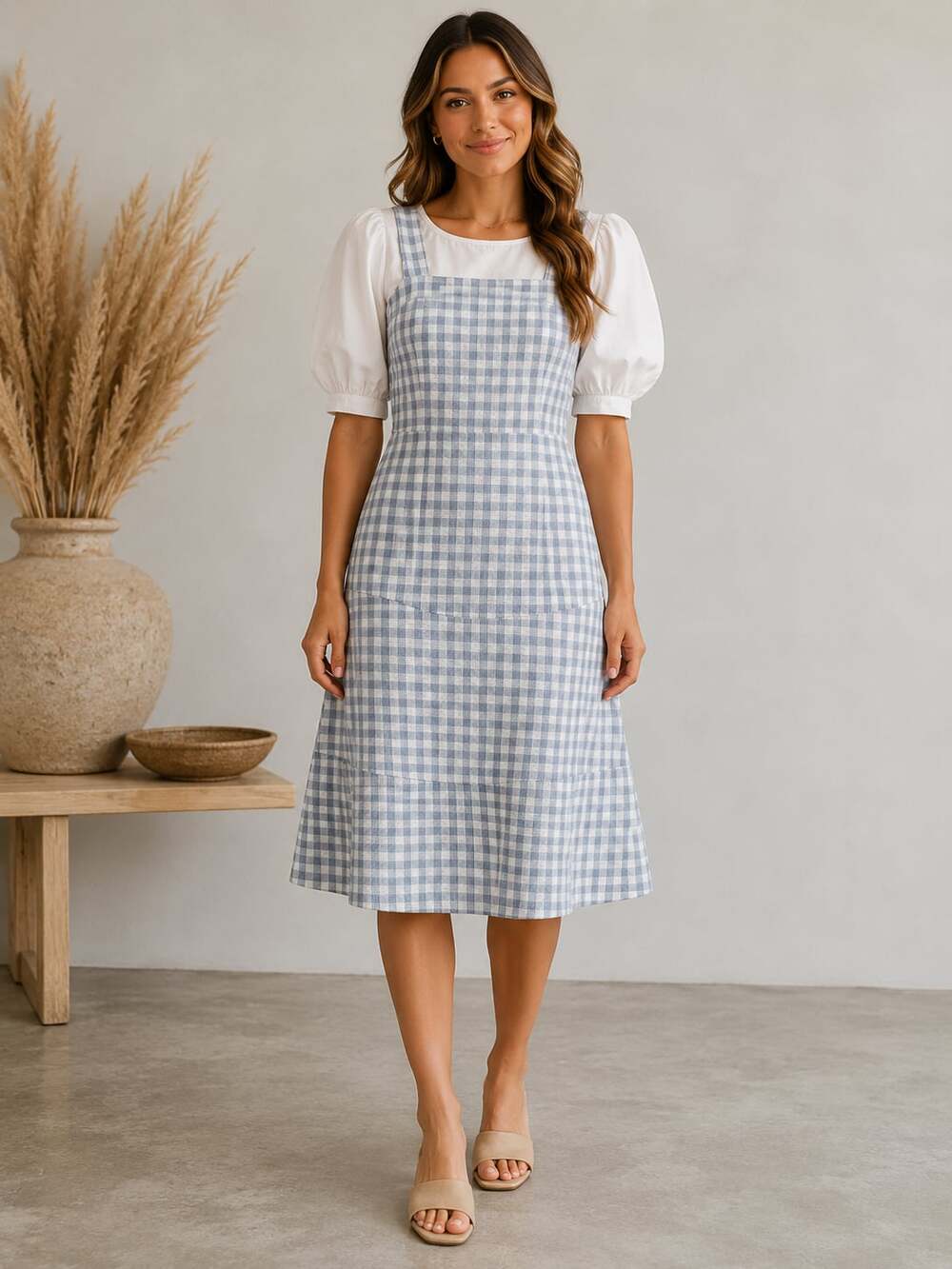 Gingham Midi Pinafore Dress in Light Blue